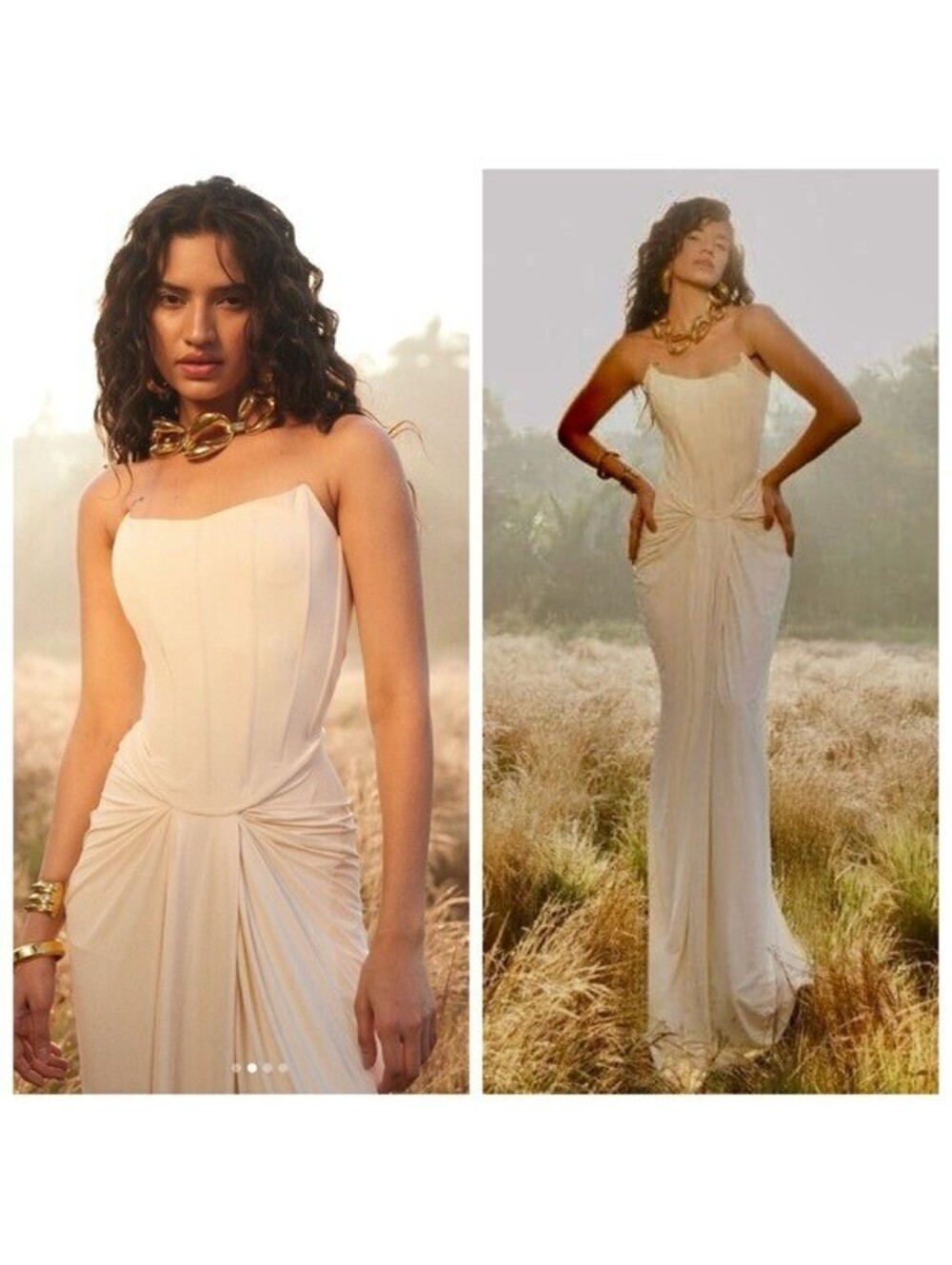Deme by Gabriella Pearl Gown in Off White strapless maxi